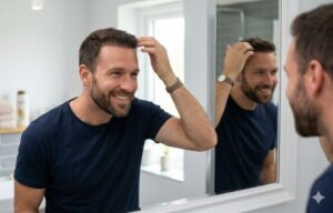 Homme montrant le résultat de sa greffe de cheveux après 6 mois.