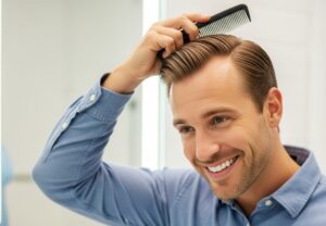 Patient satisfait du résultat de sa chirurgie capillaire.