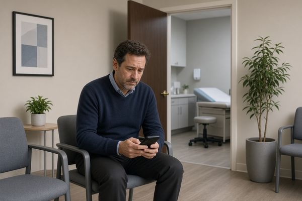 Médecin et patient regardant des clichés de cuir chevelu flous sur un écran de consultation