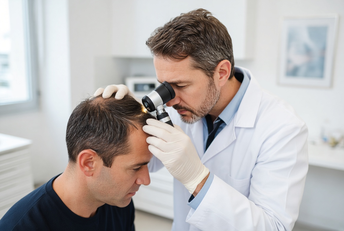 Examen capillaire en clinique avec dermatoscope avant greffe de cheveux